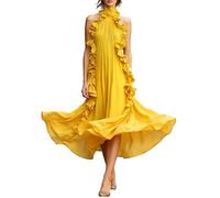 Vestido Sin Mangas Mujer,Elegante Vestido De Verano De Color Liso con Cuello Vestido Casual Sin Mangas Fluido con Detalle De Volantes Vestido Midi Que Estiliza La Figura