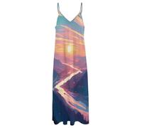 Vestido Sin Mangas para Mujer - Amanecer sobre Las Montañas Vestido Largo De Playa Holgado, Sexy, con Tirantes Finos Ajustables, Tallas S-5Xl, Estilo Vintage, Corte A. 3XL