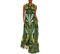 Vestido sin Mangas Plantas Retro para Mujer, Vestidos de Cuello en V con Bolsillo de Verano, Vestido Hojas de Olivo de Playa cómodo, Elegante y Holgado L