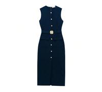 Vestido Sin Mangas Vestido Midi Informal con cinturón Liso for Mujer, Cuello Redondo, Botonadura Sencilla, sin Mangas, Abertura Frontal, Ajustado, Elegante, de Noche para la Mujer(Blue,XS)