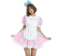 Vestido Sissy De PVC, Delantal Con Cerradura, Minivestido, Cuello Para Muñeca, Charol, Vestido De Sirvienta Francesa, Travesti,Rosa Claro,S