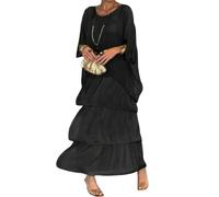 Vestido suelto de estilo artístico, vestido casual acampanado para mujer, cuello redondo, manga murciélago, vestido largo bohemio para vacaciones (negro, L)