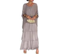 Vestido suelto de estilo artístico, vestido casual acampanado para mujer, cuello redondo, manga murciélago, vestido largo bohemio para vacaciones (gris, XXL)
