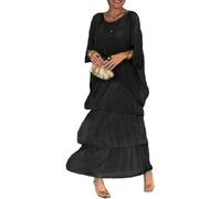 Vestido suelto de estilo artístico, vestido casual de manga de murciélago acampanado, cuello redondo, manga 3/4, maxi de vacaciones, Negro, XXL