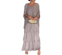 Vestido suelto de estilo artístico, vestido casual de manga de murciélago acampanado, cuello redondo, manga 3/4, maxi de vacaciones, gris, M