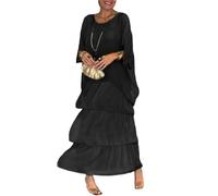 Vestido Suelto de Estilo artístico, Vestidos Largos de Verano de Talla Grande con Cuello Redondo y Manga (XXX-Large,Black)