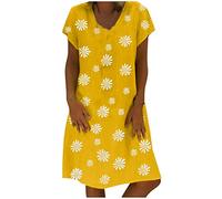 Vestido Suelto Estampado más Cuello en V hasta la Rodilla Manga Casual Mujer Vestido de Mujer de Talla Corta (Yellow, XXL)