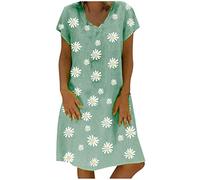 Vestido Suelto Estampado más Cuello en V hasta la Rodilla Manga Casual Mujer Vestido de Mujer de Talla Corta (Green, L)
