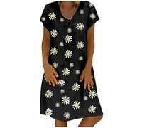 Vestido Suelto Estampado más Cuello en V hasta la Rodilla Manga Casual Mujer Vestido de Mujer de Talla Corta (Black, L)