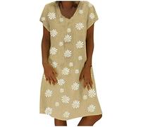 Vestido Suelto Estampado más Cuello en V hasta la Rodilla Manga Casual Mujer Vestido de Mujer de Talla Corta (Khaki, XXL)