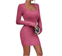 Vestido Suéter De Mujer - Elegante Vestido De Mujer De Moda con Cuello Cuadrado Y Rayas En Los Hoyos, Manga Larga, Ajustado, De Invierno, Suéter Elástico, Vestidos Midi, Rojo L