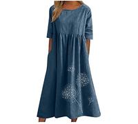 Vestido tipo camiseta para mujer 2024, casual, talla grande, vestido midi de verano, estampado floral, holgado, holgado, con bolsillos, 05 Azul, M