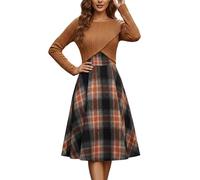 Vestido Tipo Camisola y Suéter con Cuello Redondo para Otoño e Invierno Vestidos Mujer Manga Larga Suéter de Punto Vestido Midi Retro A Cuadros Conjunto de 2 Piezas Casual Elegante
