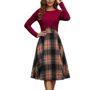 Vestido Tipo Camisola y Suéter con Cuello Redondo para Otoño e Invierno Vestidos Mujer Manga Larga Suéter de Punto Vestido Midi Retro A Cuadros Conjunto de 2 Piezas Casual Elegante
