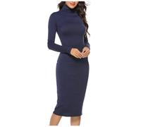 Vestido Tipo suéter Ajustado de Manga Larga con Cuello Alto y canalé para Mujer (Blue, L)