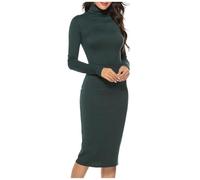 Vestido Tipo suéter Ajustado de Manga Larga con Cuello Alto y canalé para Mujer (Green, M)