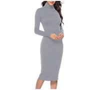 Vestido Tipo suéter Ajustado de Manga Larga con Cuello Alto y canalé para Mujer (Grey, S)