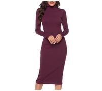 Vestido Tipo suéter Ajustado de Manga Larga con Cuello Alto y canalé para Mujer (Red, XXL)