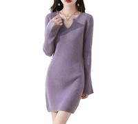 Vestido tipo suéter de lana merino 100 % para mujer, manga trompeta, ajustado, de punto, cuello en V, suéter para otoño e invierno, Púrpura claro, XL