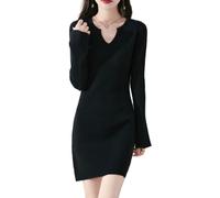 Vestido tipo suéter de lana merino 100 % para mujer, manga trompeta, ajustado, de punto, cuello en V, suéter para otoño e invierno, Negro -, M