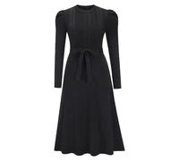 Vestido tipo suéter de manga larga para mujer, con lazo en la cintura, vestido de suéter de cuello redondo, moderno, entallado, de punto acanalado, Negro, M