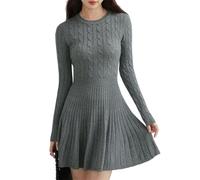 Vestido tipo suéter de punto trenzado para mujer, cuello redondo, manga larga, plisado imperio, mini vestido corto para otoño, gris, L