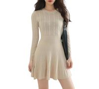 Vestido tipo suéter de punto trenzado para mujer, cuello redondo, manga larga, plisado imperio, mini vestido corto para otoño, albaricoque, S