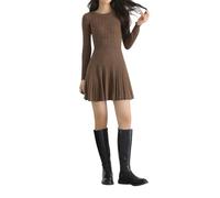 Vestido tipo suéter de punto trenzado para mujer, cuello redondo, manga larga, plisado imperio, mini vestido corto para otoño, café, L