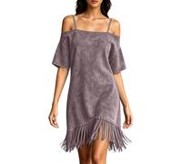 Vestido Tirantes Mujer Verano,Vestido Tipo Camiseta Suave con Hombros Descubiertos y Flecos, Ideal para un Look Veraniego Informal y Relajado de Estilo Western