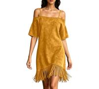 Vestido Tirantes Mujer Verano,Vestido Tipo Camiseta Suave con Hombros Descubiertos y Flecos, Ideal para un Look Veraniego Informal y Relajado de Estilo Western