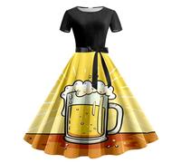 Vestido tirolés para mujer de manga corta moderno, estampado de cerveza, vestido de cóctel con cuello redondo con lazo, vestido midi de línea A, rockabilly, años 50, traje de noche bávaro para