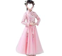 Vestido tradicional chino para niñas, vestido bordado floral con nudo chino y manga de malla, lindo tutú y falda de tul, elegante conjunto de 2 piezas, rosa, 3-4 años