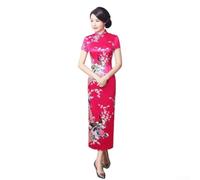Vestido tradicional Qipao para mujer, patrón de pavo real, cheongsam con cuello mandarín para primavera, verano, fiesta, casual, uso diario, azul (L rosa)