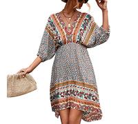 Vestido Túnica de Verano para Mujer, Cuello en V, Casual, Suelto, Fluido, Columpio, Suave, Elegante, con Dobladillo Alto Y Bajo, Media Manga Abullonada, Vestido sin Espalda Y Estampado(S-Albaricoque)