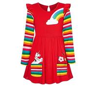 Vestido Unicornio Niñas Vestido de Arcoíris Casual Manga Larga Algodón Mariposas Bordado Vestido para Niñas 6-7 años