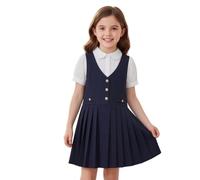 Vestido Uniforme Escolar Plisado Niñas Con Cuello V Mangas Corta Con Decoración De Botones Ropa Formal Clásica Para Qué Ponerse Durante La Temporada De Regreso a Clases Niños
