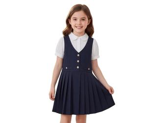 Vestido Uniforme Escolar Plisado Niñas Con Cuello V Mangas Corta Con Decoración De Botones Ropa Formal Clásica Para Qué Ponerse Durante La Temporada De Regreso a Clases Niños
