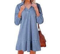 Vestido Vaquero Babydoll para Mujer Manga 3/4 Abullonada Minivestido Vaquero Fluido Cuello En V Mono Vaquero Informal Y Holgado Atuendos Modernos para Vacaciones Y Uso Diario Azul Claro M
