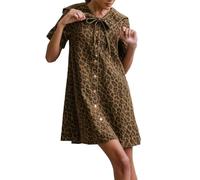 Vestido Vaquero Corto Estilo Babydoll con Estampado de Leopardo para Mujer, Manga Corta, Holgado, Informal, con Volantes, Bonito Minivestido Vaquero