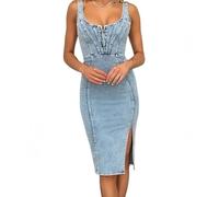 Vestido Vaquero De Mujer Sexy Escote En V Ajustado Sin Mangas Minivestido Sexy Ajustado Revelador Falda Tipo Mochila Falda con Pequeña Abertura Mono Corto Vestido De Verano para Salir De Fiesta por