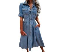 Vestido Vaquero de Primavera y Verano a la Moda para Mujer, Vestido Camisero Informal con Botones Azules, Vestido hasta la Rodilla, Vestido Suelto de Fiesta de una línea para Mujer, Bata-Azul-XXXL