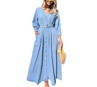 Vestido Vaquero Largo de otoño para Mujer con Escote en V Botones Delanteros Manga 3/4 Cuello en V Cintura Anudada Informal, con Botones Delanteros (Azul,XL)