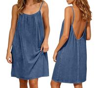 Vestido vaquero para mujer, espalda descubierta, mini cómodo, tirantes delgados, para salón, vacaciones, ocio, playa, ligero, holgado, vaquero, con tirantes, azul, M