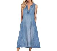 Vestido Vaquero para Mujer, Informal, de Verano, sin Mangas, Corte A, Cuello en V, Corte Holgado, Camisero