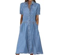 Vestido vaquero para mujer, largo hasta la rodilla, verano, vintage, vestido de blusa para mujer, vestido de túnica midi con botones, cuello vuelto, vestido blusa, cuello en V, manga corta, vestido de