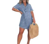 Vestido Vaquero para Mujer Vestido Camisero Vaquero Solapa Manga Corta Minivestido Vaquero Vestido Informal Holgado Bajo Deshilachado Blusa Extragrande para Vacaciones Playa Uso Diario Azul Cielo Ta