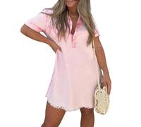 Vestido Vaquero para Mujer Vestido Camisero Vaquero Solapa Manga Corta Minivestido Vaquero Vestido Informal Holgado Bajo Deshilachado Blusa Extragrande Tops para Vacaciones Playa Uso Diario Rosa Cla
