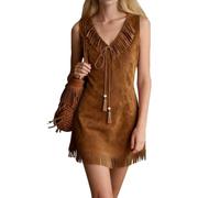 Vestido Vaquero Vintage De Mujer Sin Mangas con Escote En V Mini Vestido Bodycon De Ante Sintético con Flecos,Marrón,M