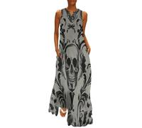 Vestido Verano Mujer Estilo Gótico Largo Vestido Playa Flor De Calavera Sin Manga Volante Cuello en V Elegante Vestidos Largos Casual Vestidos con Bolsillos