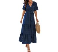 Vestido Verano Mujer Manga Corta Cuello En V Color Liso - Moda Mujer Vestido Cintura Entallada Cómodos, Vestidos Glamour Chic Dresses Calle Azul XL